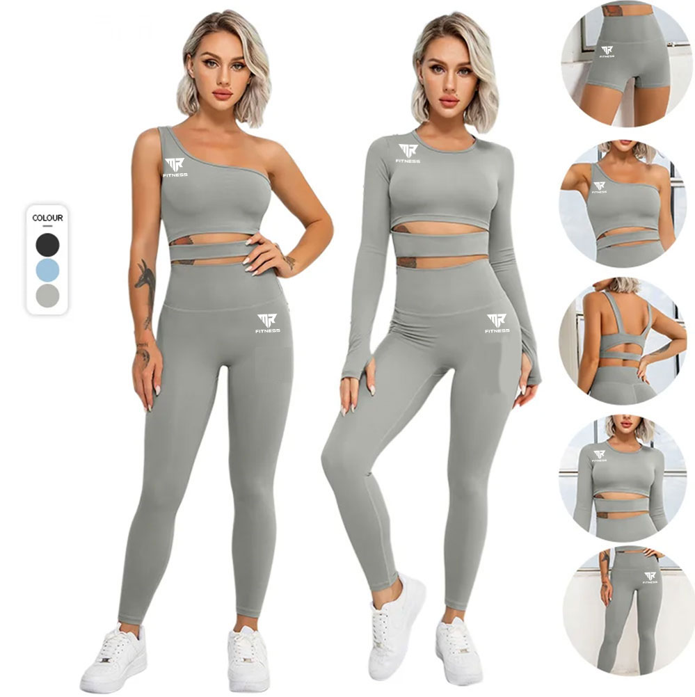 SK Mr. Fitness Women Long Sleeve Hollow Crop Top & Sport Yoga